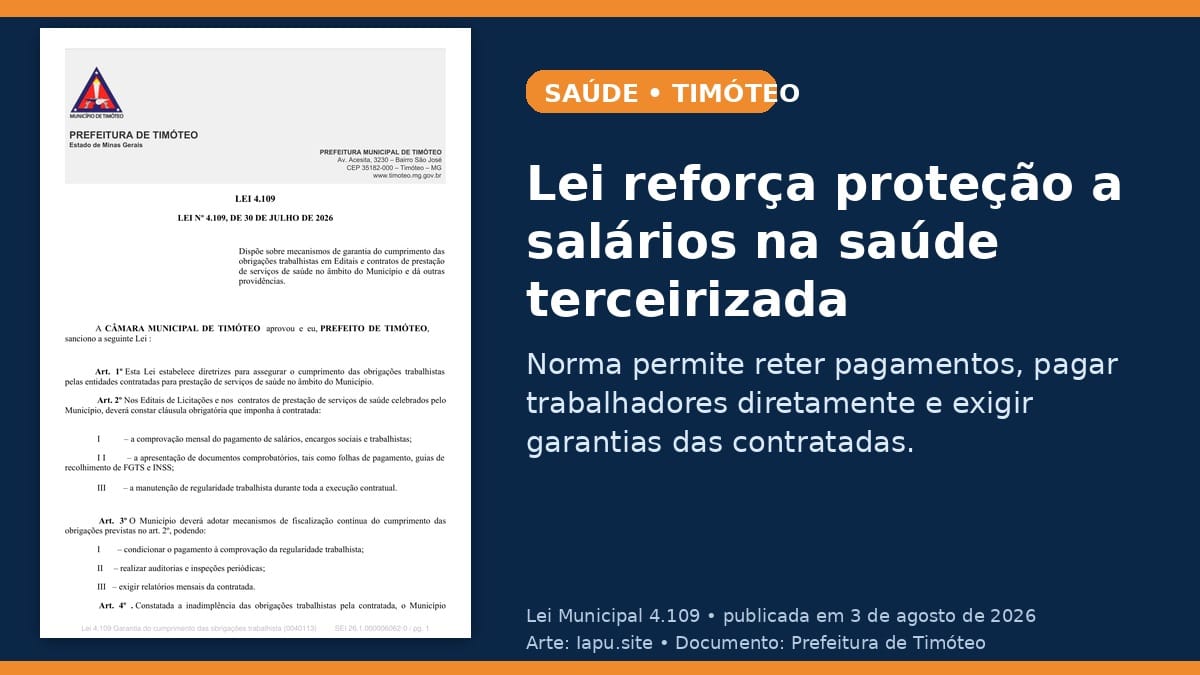Timóteo cria barreiras contra atraso salarial em contratos da saúde; veja o que muda